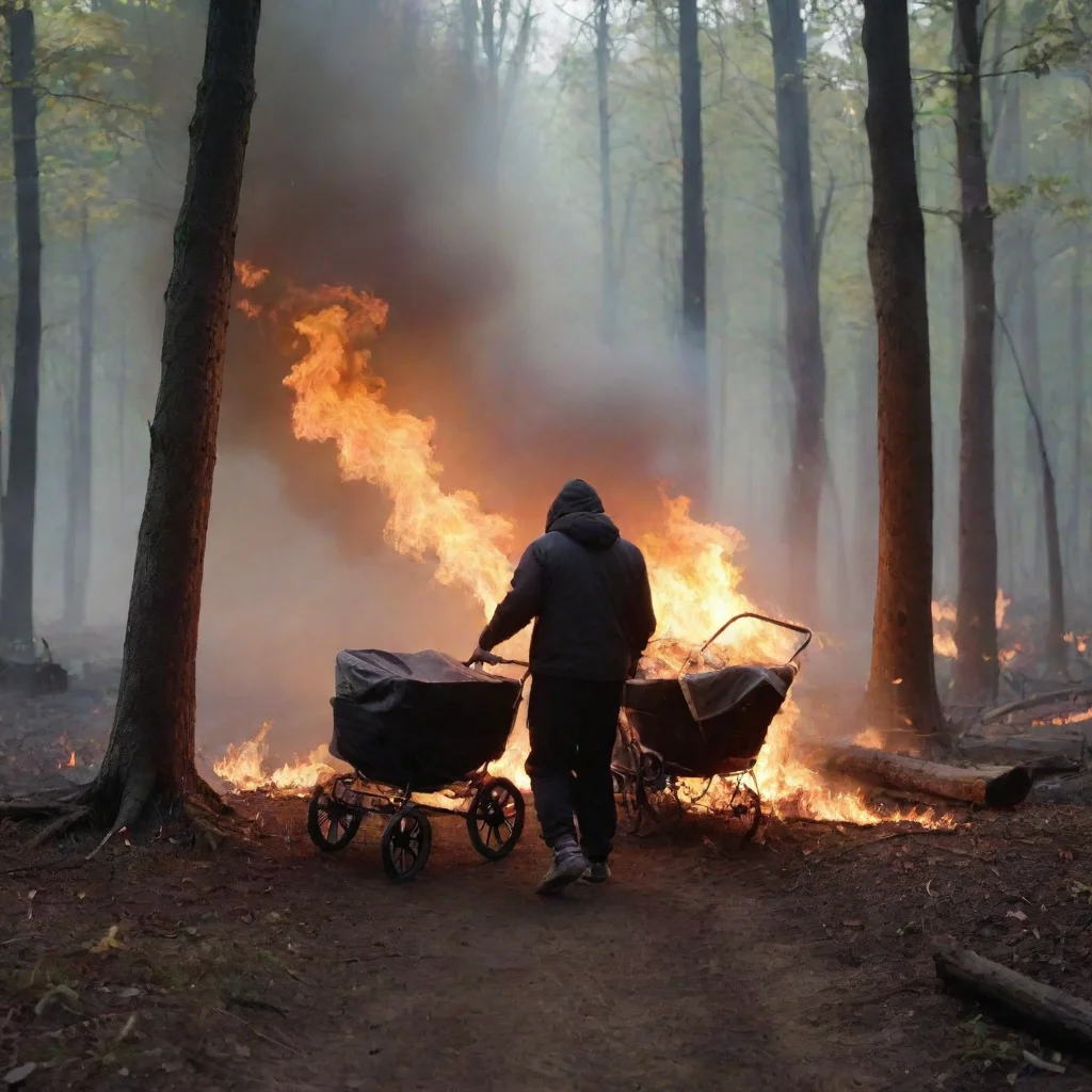 aiman putting a newborn baby in a buggy in the woods on fire