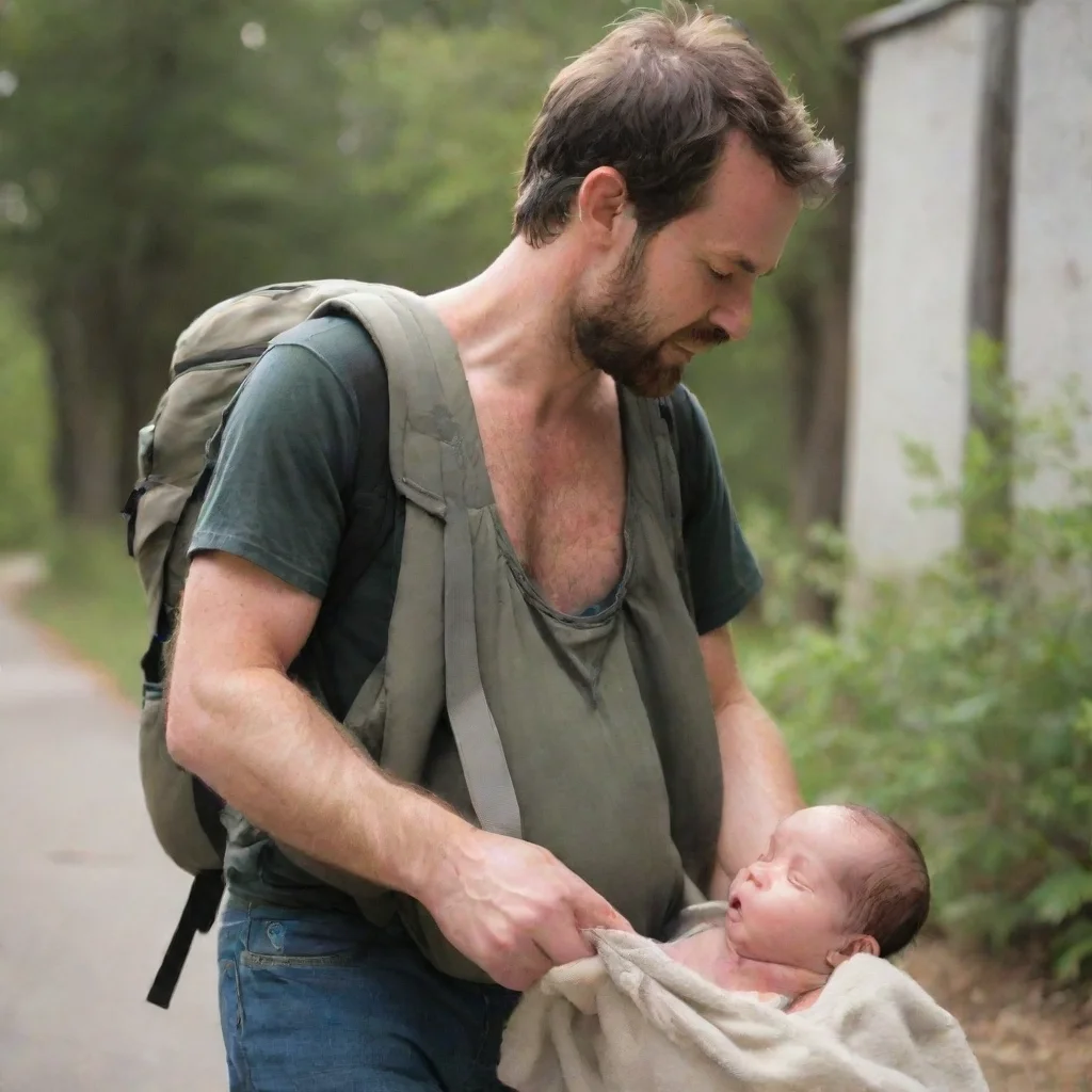aiman putting a newborn baby in a ruck sack