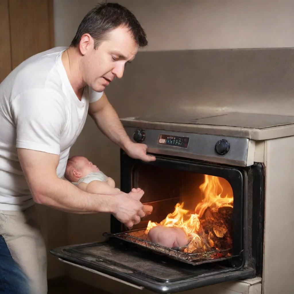 aiman putting a newborn baby on a oven on fire