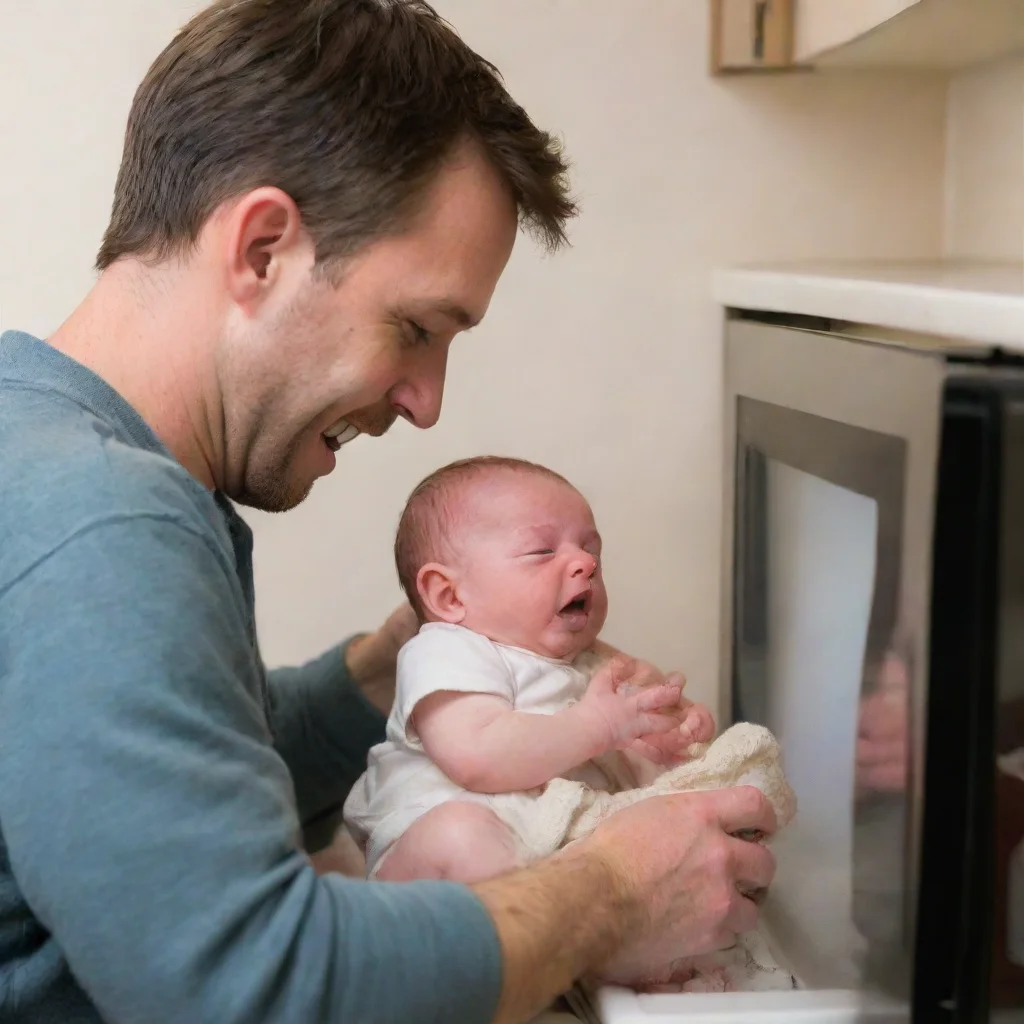 man putting newborn baby in a microwave