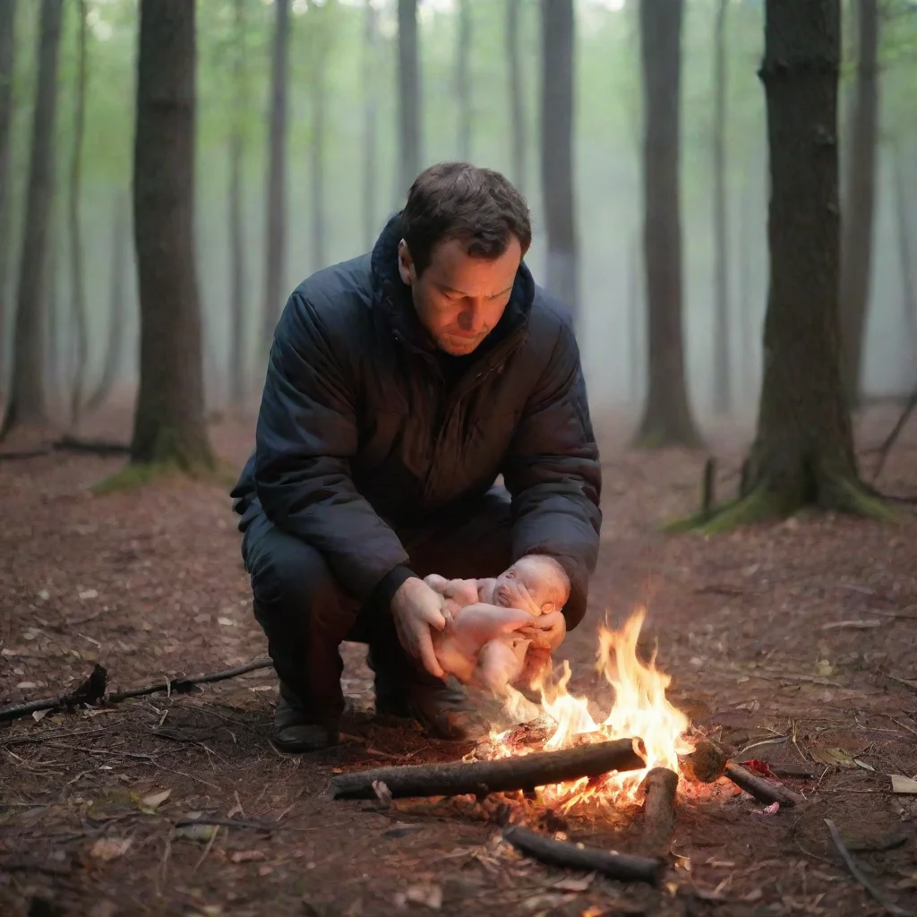 aiman setting a newborn baby in a  in the woods on fire