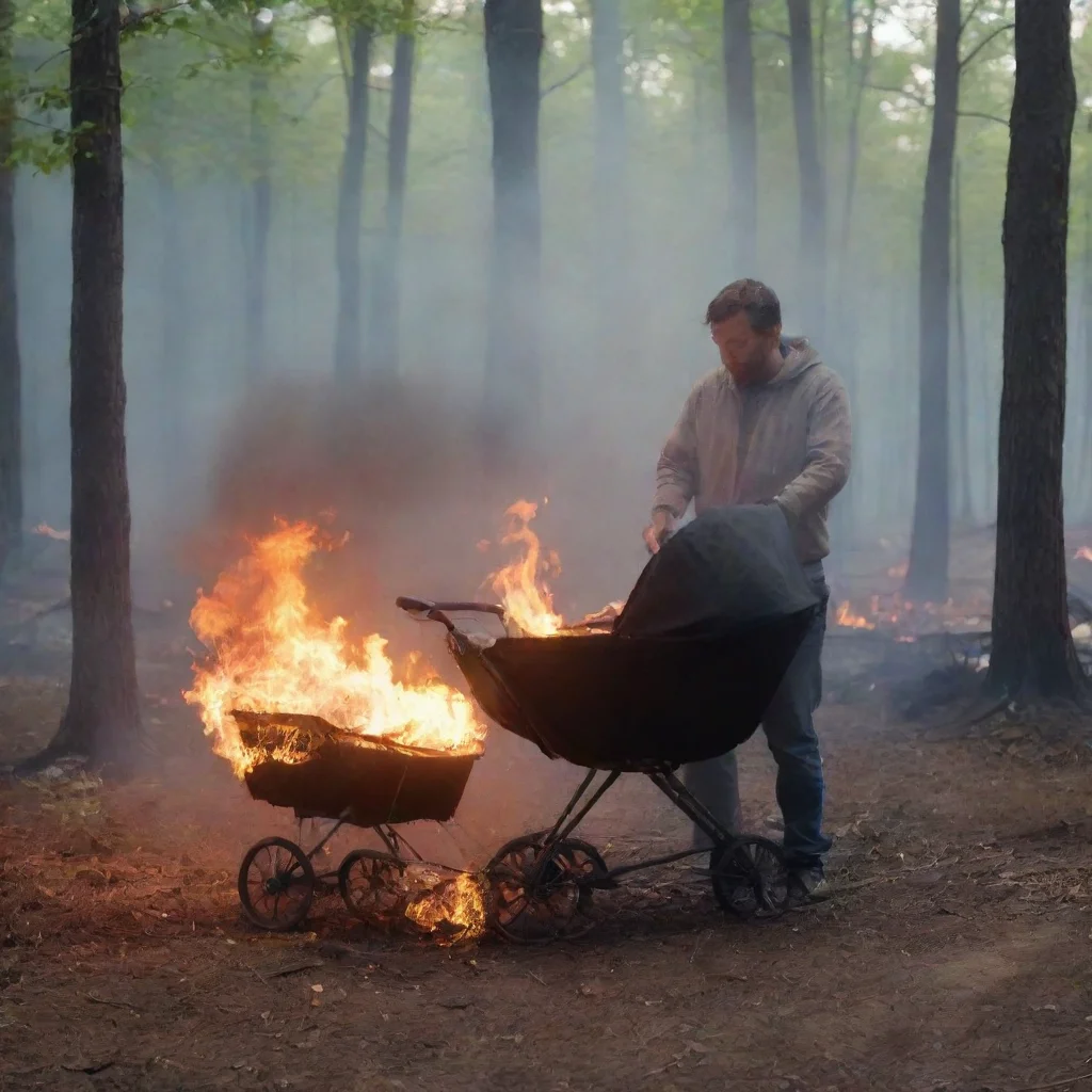 aiman setting a newborn baby in a buggy in the woods on fire