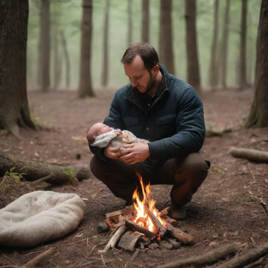 aiman setting a newborn baby in a campfire in the woods