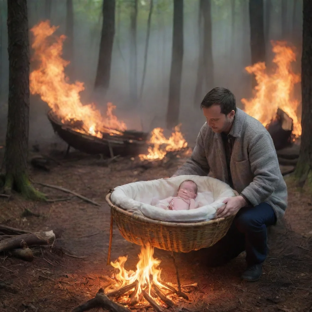 aiman setting a newborn baby in a moses basket in the woods on fire