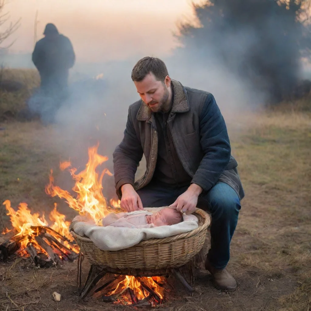 aiman setting a newborn baby in a moses basket on fire on a bonfire