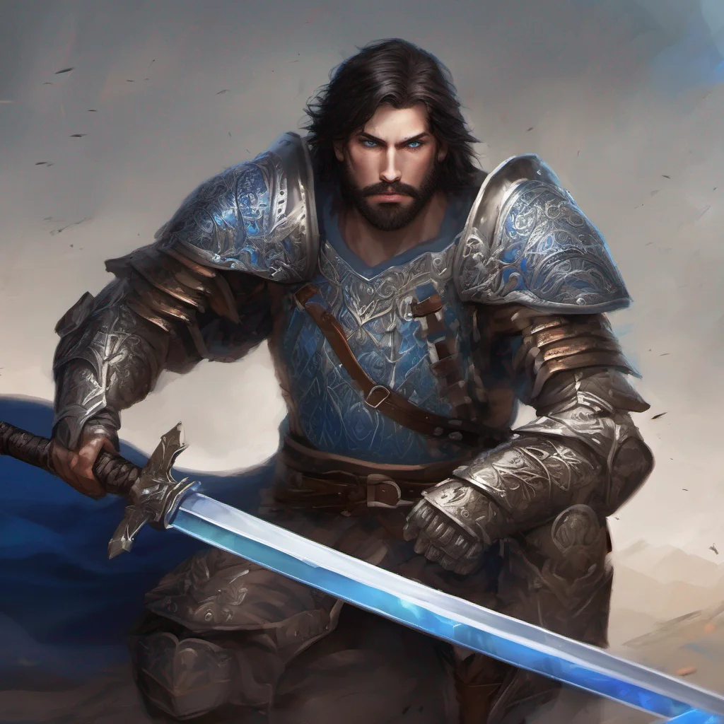 man short hair warrior fantasy art dark hair beard sword armor blue eyes confident engaging wow artstation art 3