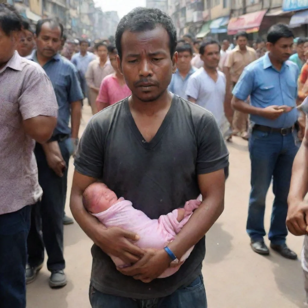 man strangles a newborn baby while people watch