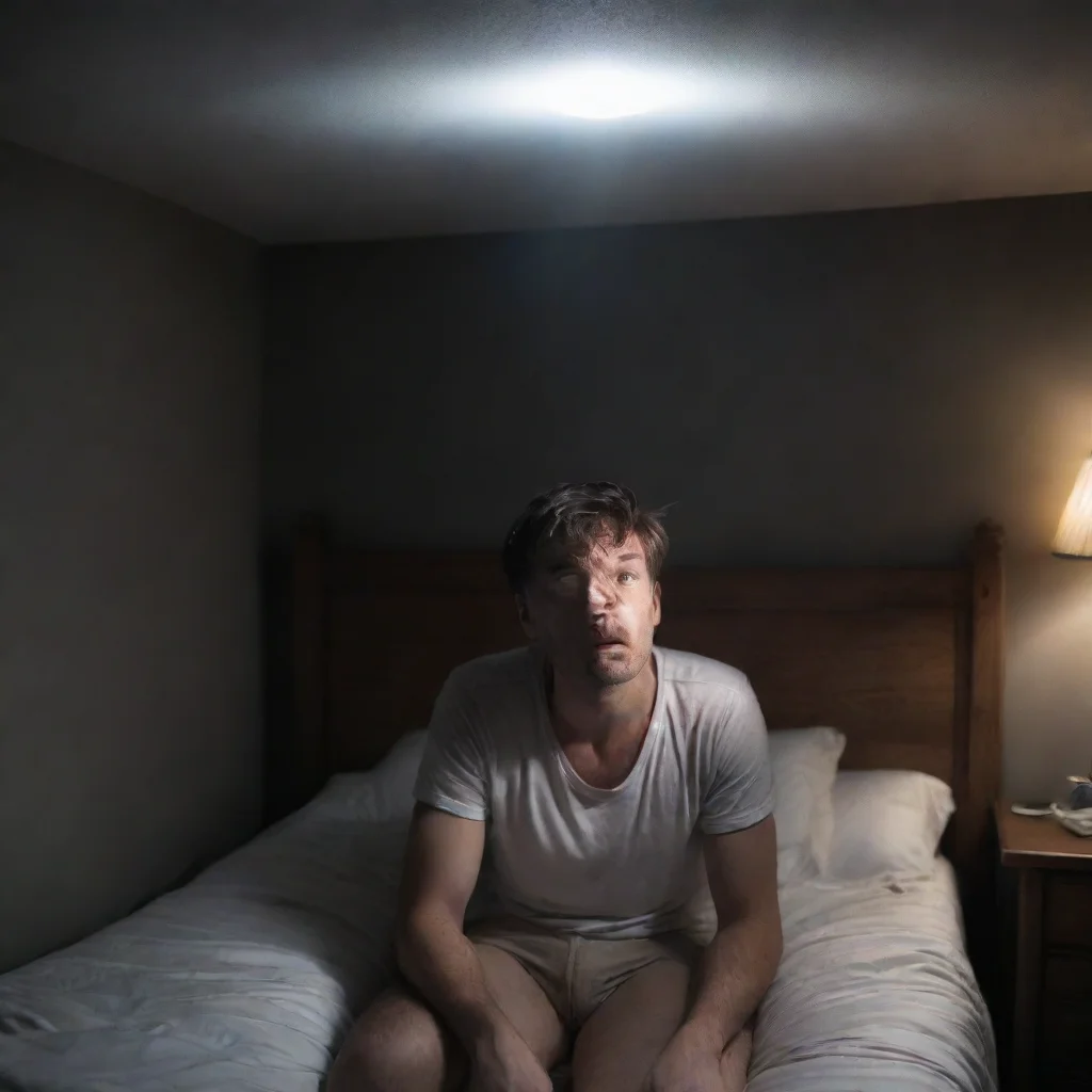 man that looks anxious and stressed in his bedroom its dark and theres a magic white light coming from nowhere shining on him 