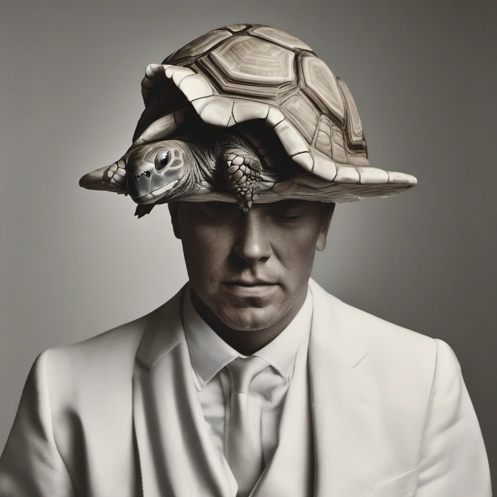 man with head of turtle wearing white suit 