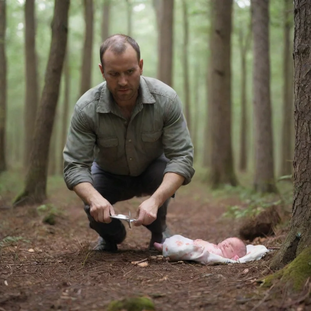 aiman with knife behind a newborn baby in the woods