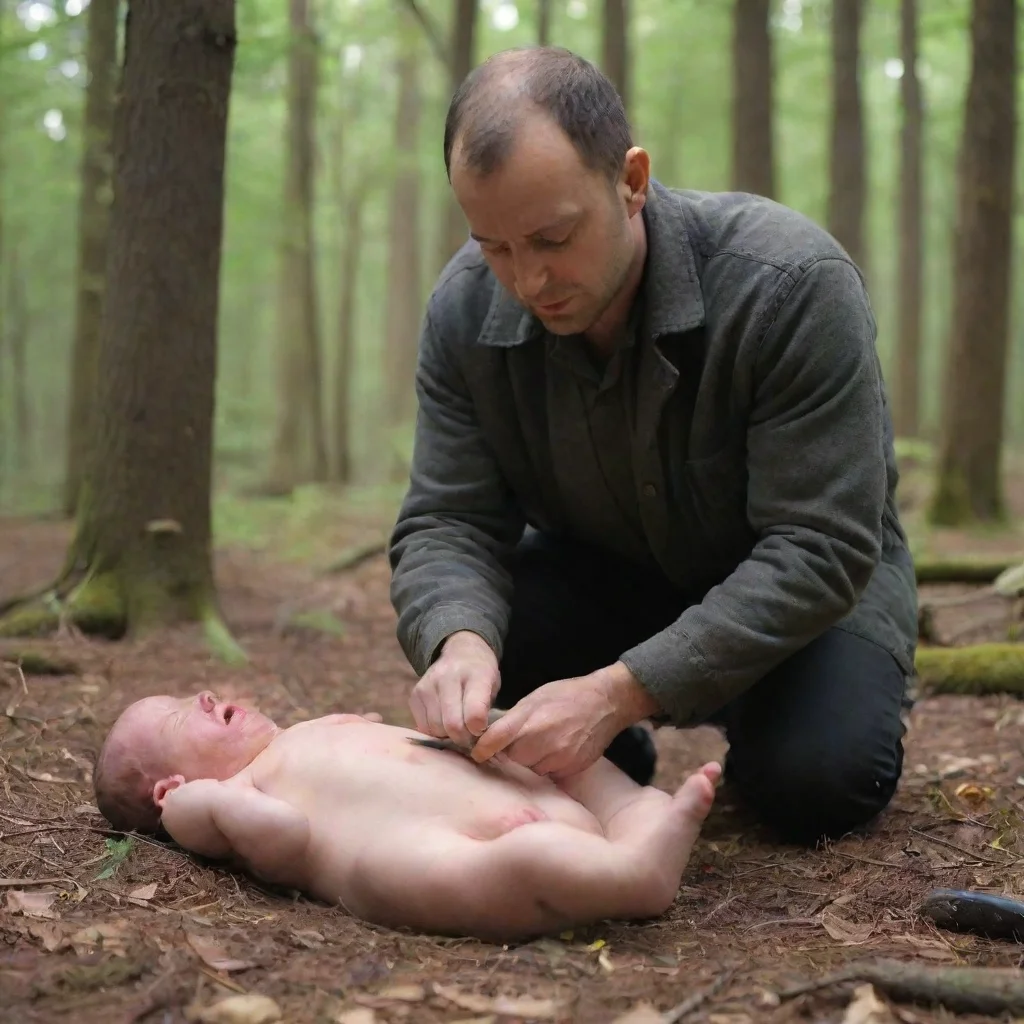 aiman with knife cutting open a newborn baby in the woods