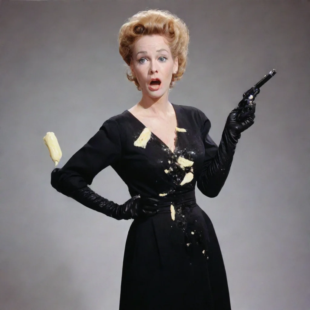 mary scheer american actress and comedian  with black gloves and gun and mayonnaise splattered everywhere