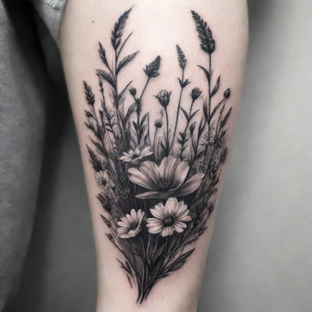meadow flowers black and white tattoo