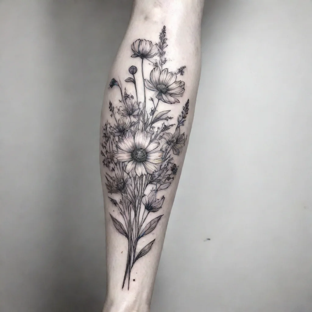 aimeadow flowers fine line black and white tattoo