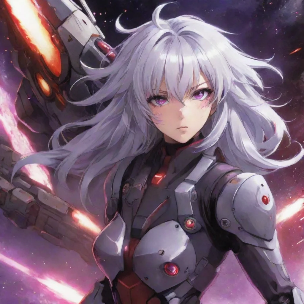 mecha pilot red purple eyes silver hair anime space background explosions