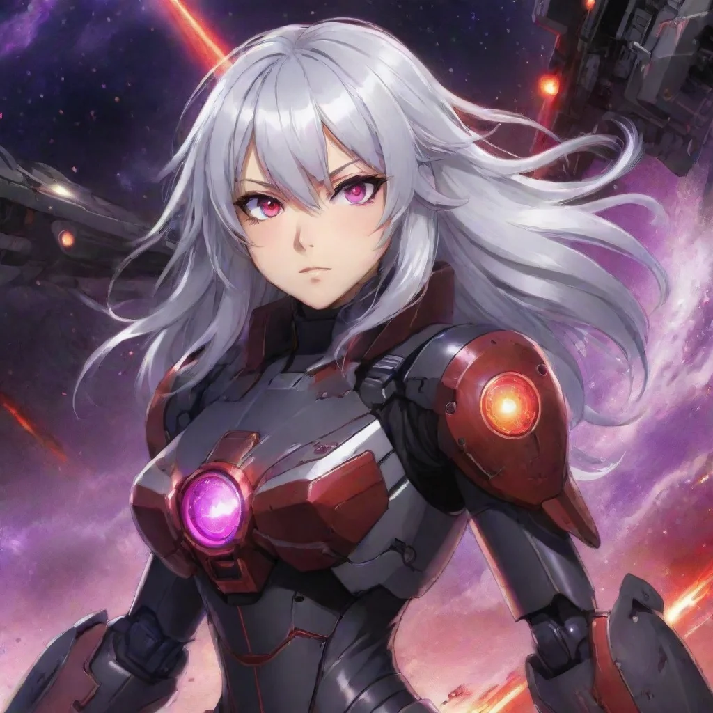 mecha pilot red purple eyes silver hair anime space background lasers explosions