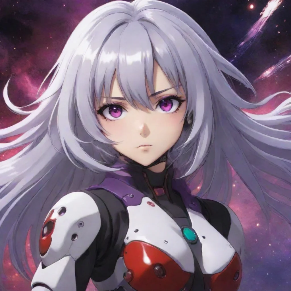 mecha pilot red purple eyes silver hair anime space background