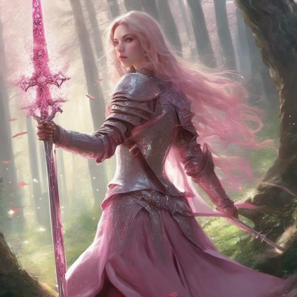 aimedieval fantasy art beauty grace magic sparkle staff weapon battle sword armor glitter forest pink confident engaging wow artstation art 3
