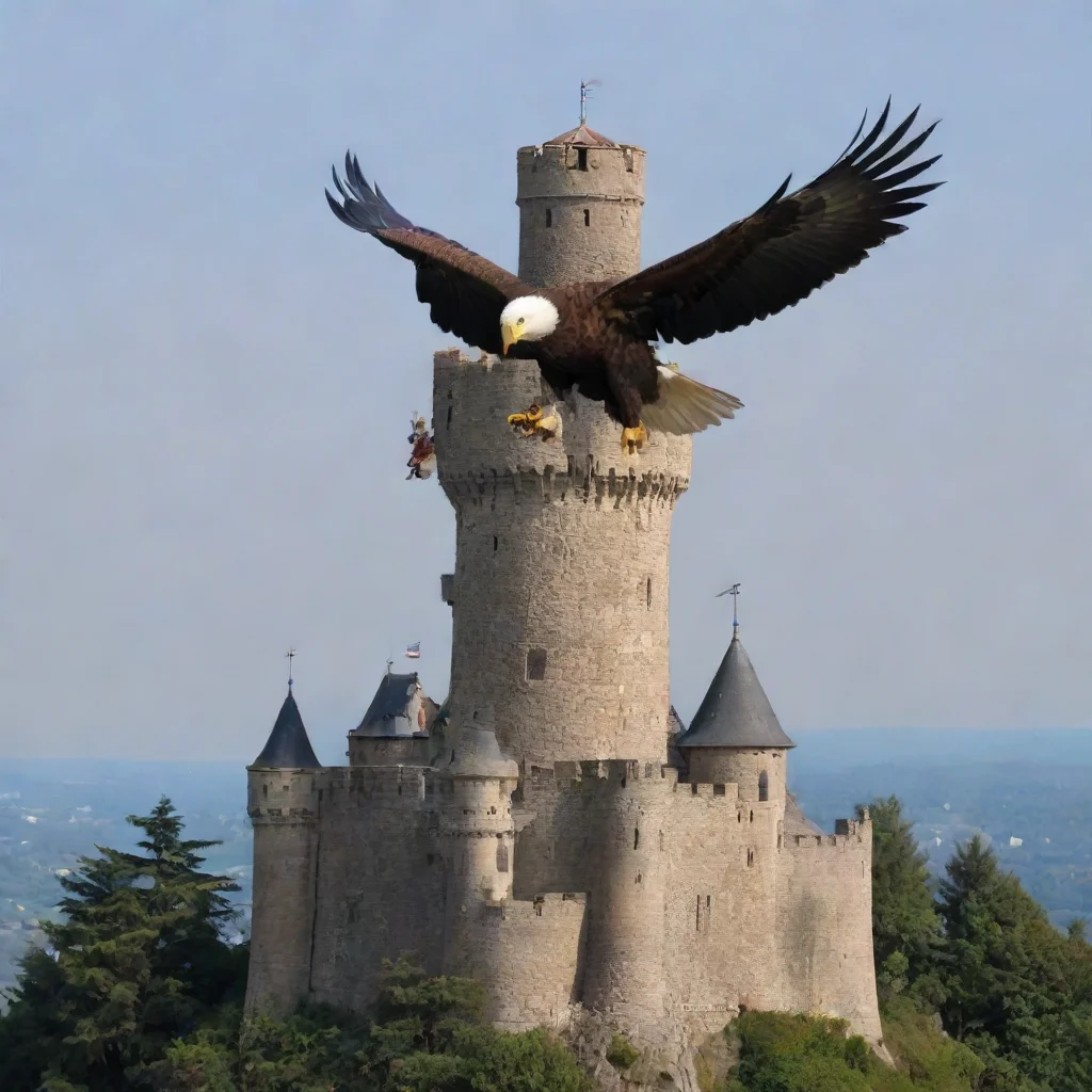 medusa   give me a picutre of a castle with an eagle sitting on top of a turret