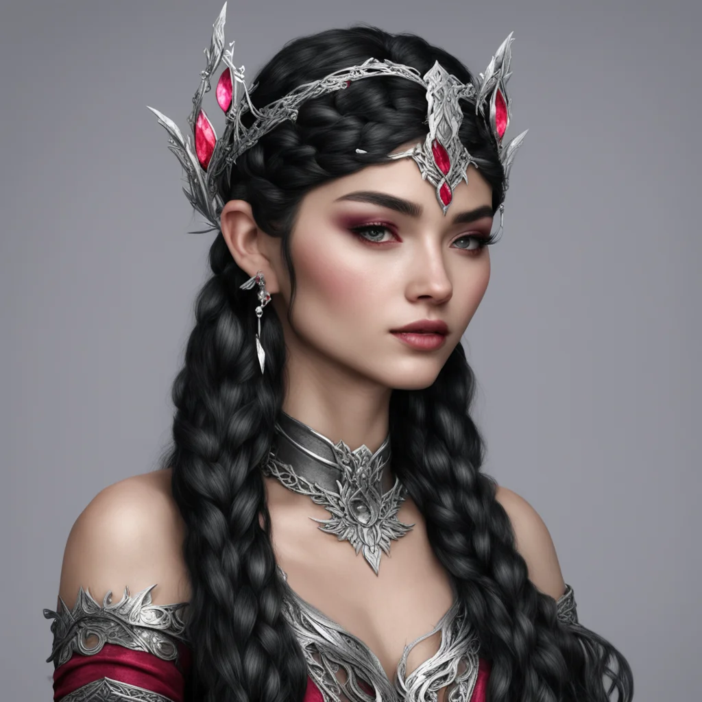 melian the maia with black hair with braids wearing silver elven circlet with diamonds and rubies