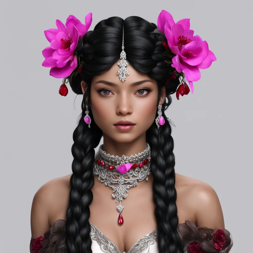 melian the maia with black hair with braids wearing small silver flower circlet with rubies and diamonds