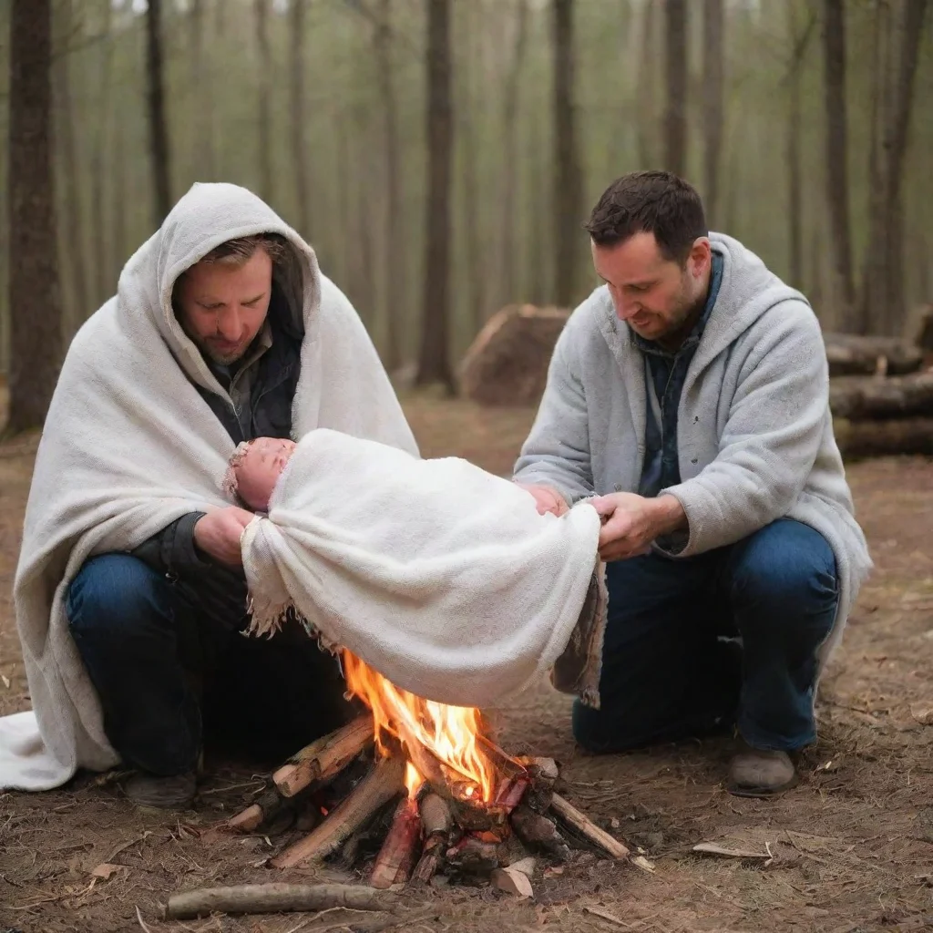 aimen putting a newborn baby in a blanket on a bonfire