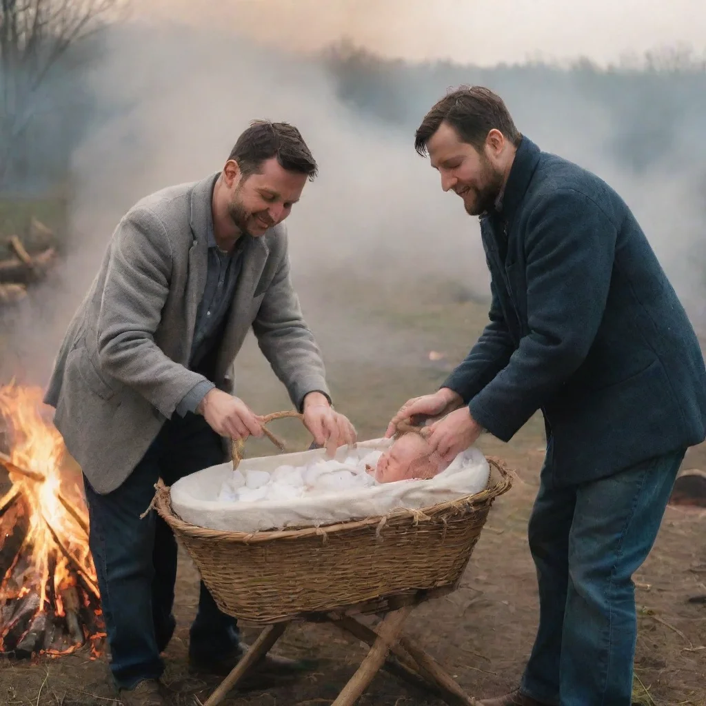 aimen putting a newborn baby in a moses basket on a bonfire