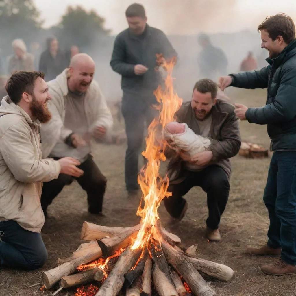 aimen putting a newborn baby on a bonfire while other people laugh