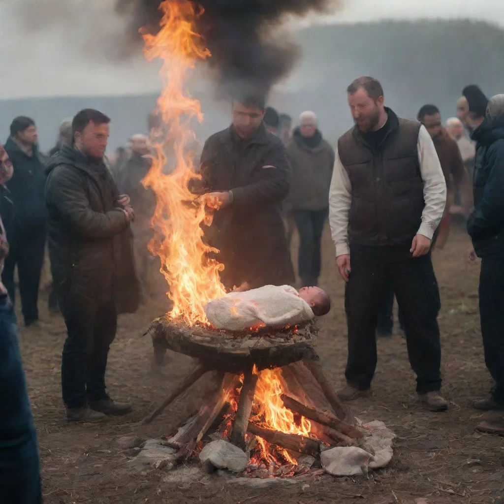 aimen putting a newborn baby on a bonfire while other people watch