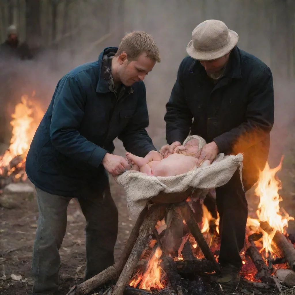 aimen putting a newborn baby on a bonfire