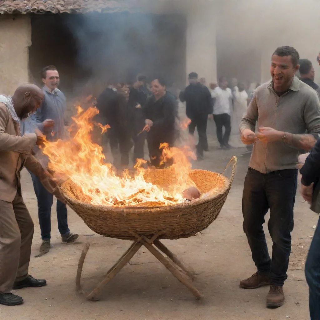aimen setting a newborn baby in a moses basket on fire while other people laugh