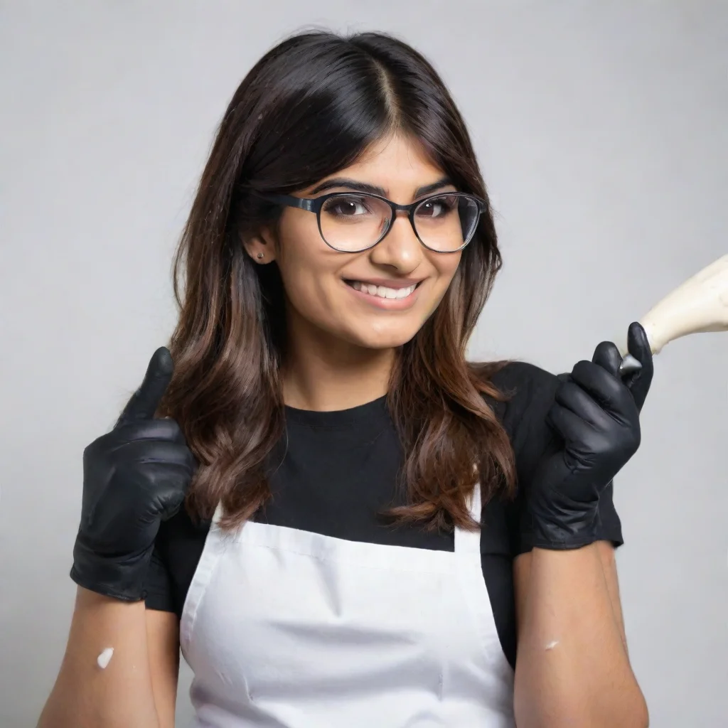 mia khalifa smiling with  black gloves shooting splatters of mayonnaise out a gun