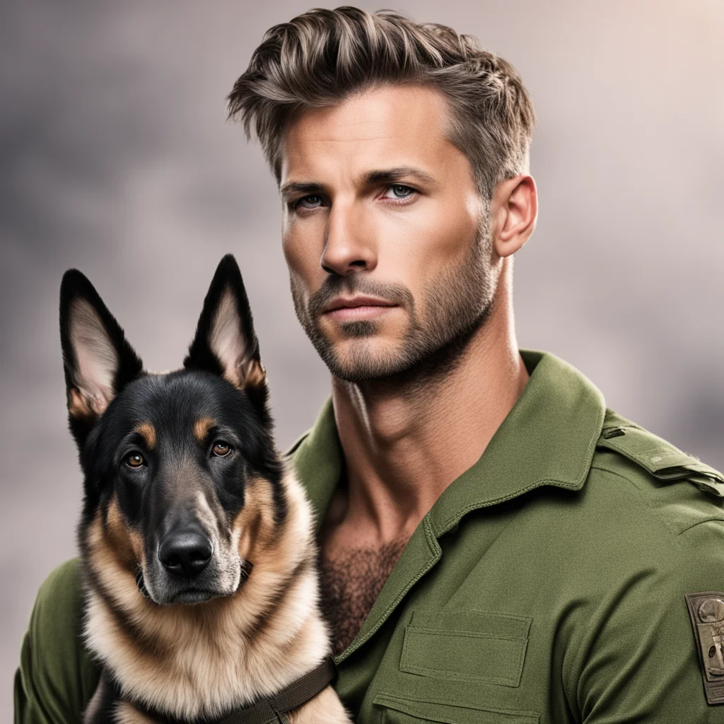 aimilitary man romance novel military hunk strong character portrait kindhearted short hair strong masculine man with german shepherd