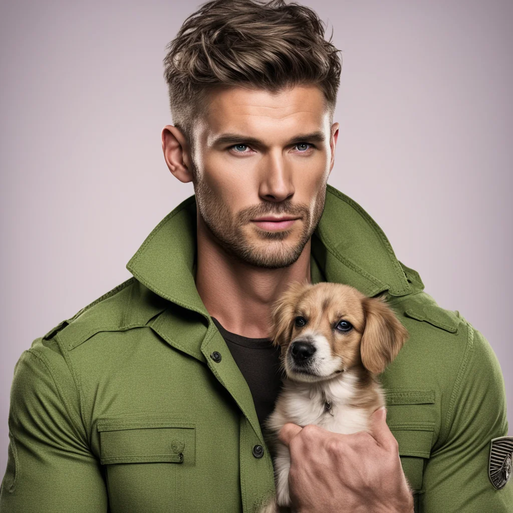 aimilitary man romance novel military hunk strong character portrait kindhearted short hair strong masculine man with puppy amazing awesome portrait 2