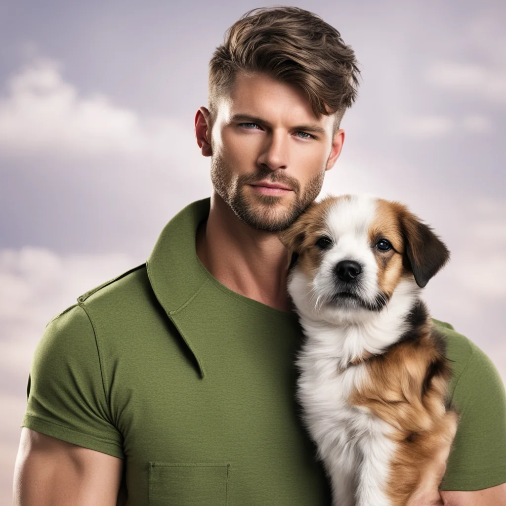 aimilitary man romance novel military hunk strong character portrait kindhearted short hair strong masculine man with puppy good looking trending fantastic 1