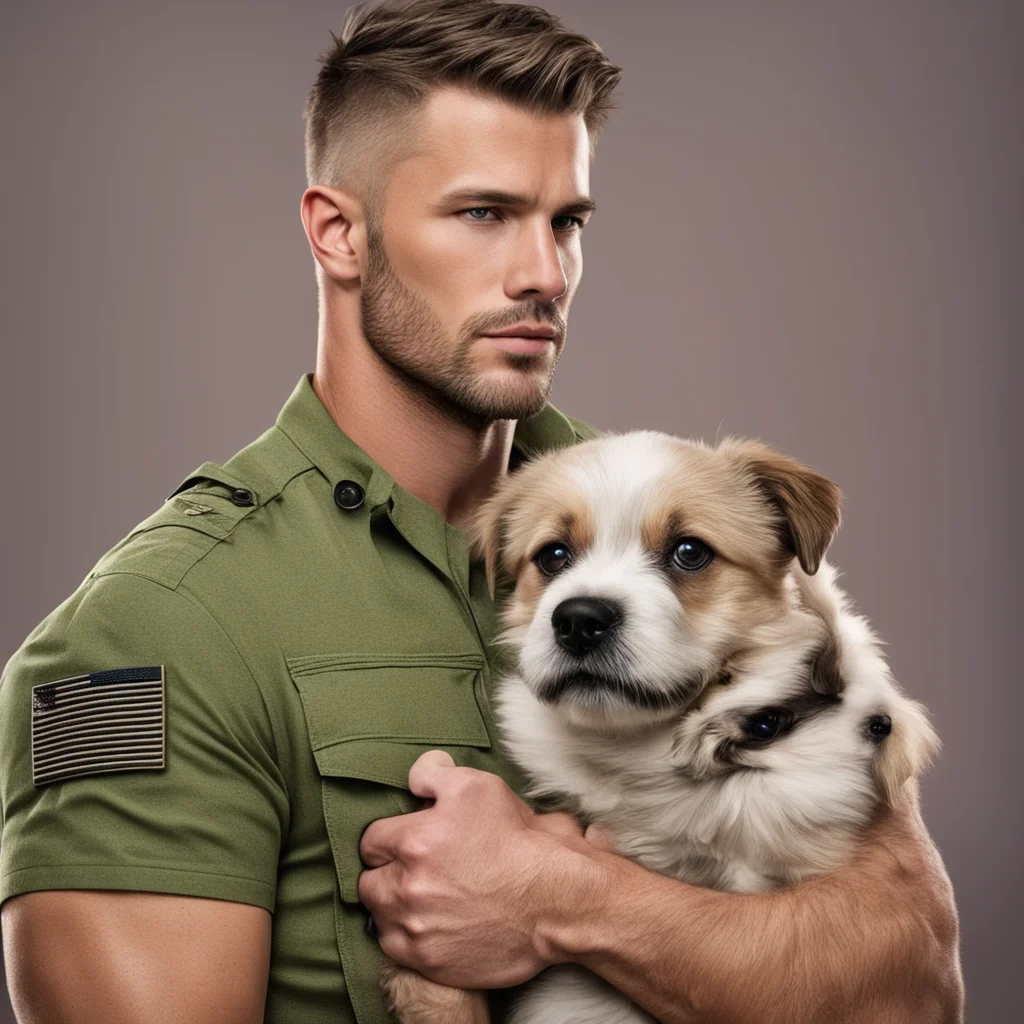 aimilitary man romance novel military hunk strong character portrait kindhearted short hair strong masculine man with puppy