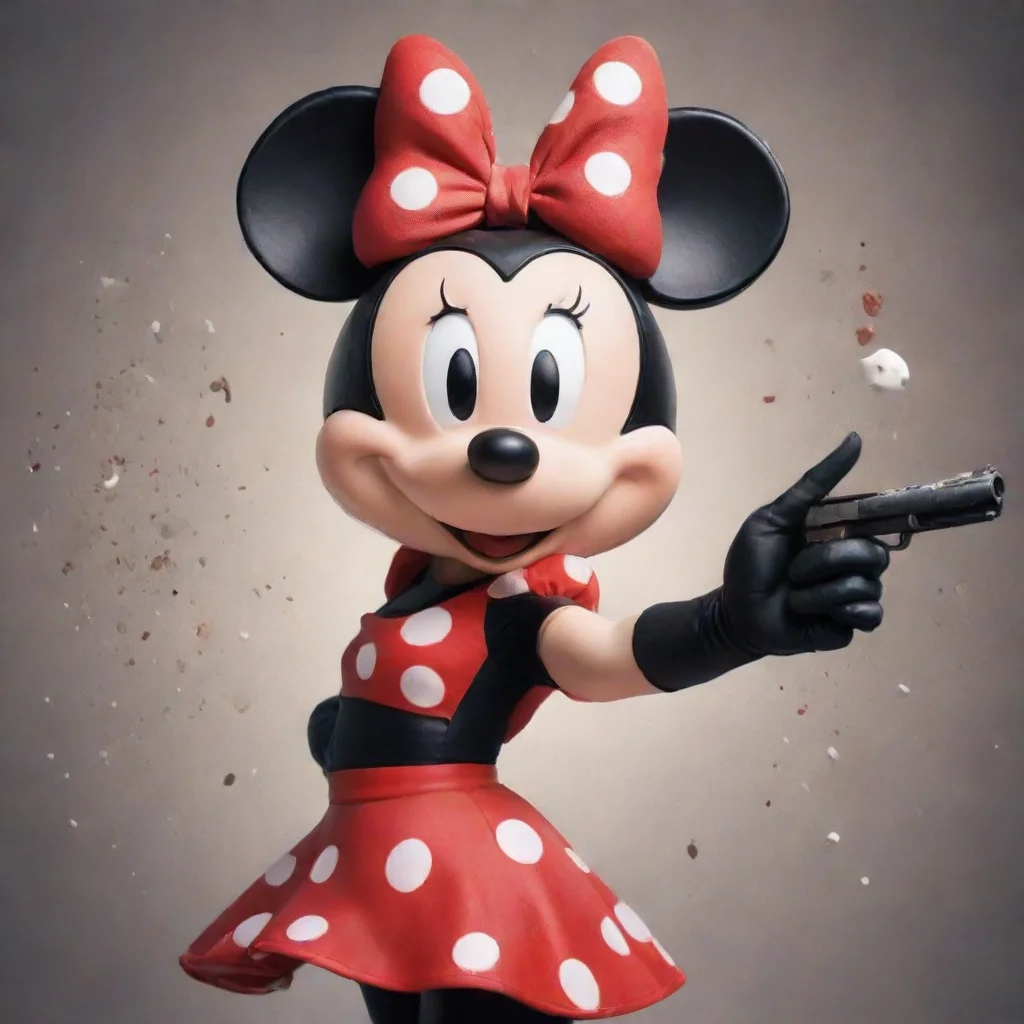 minnie mouse from disney with black gloves and gun and mayonnaise splattered everywhere