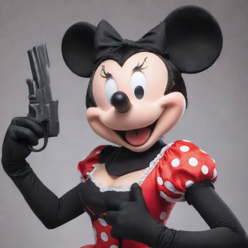 aiminnie mouse smiling with black gloves and gun