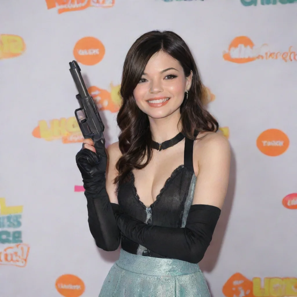 aimiranda cosgrove at the nickelodeon kids choice awards smiling with black gloves and gun 