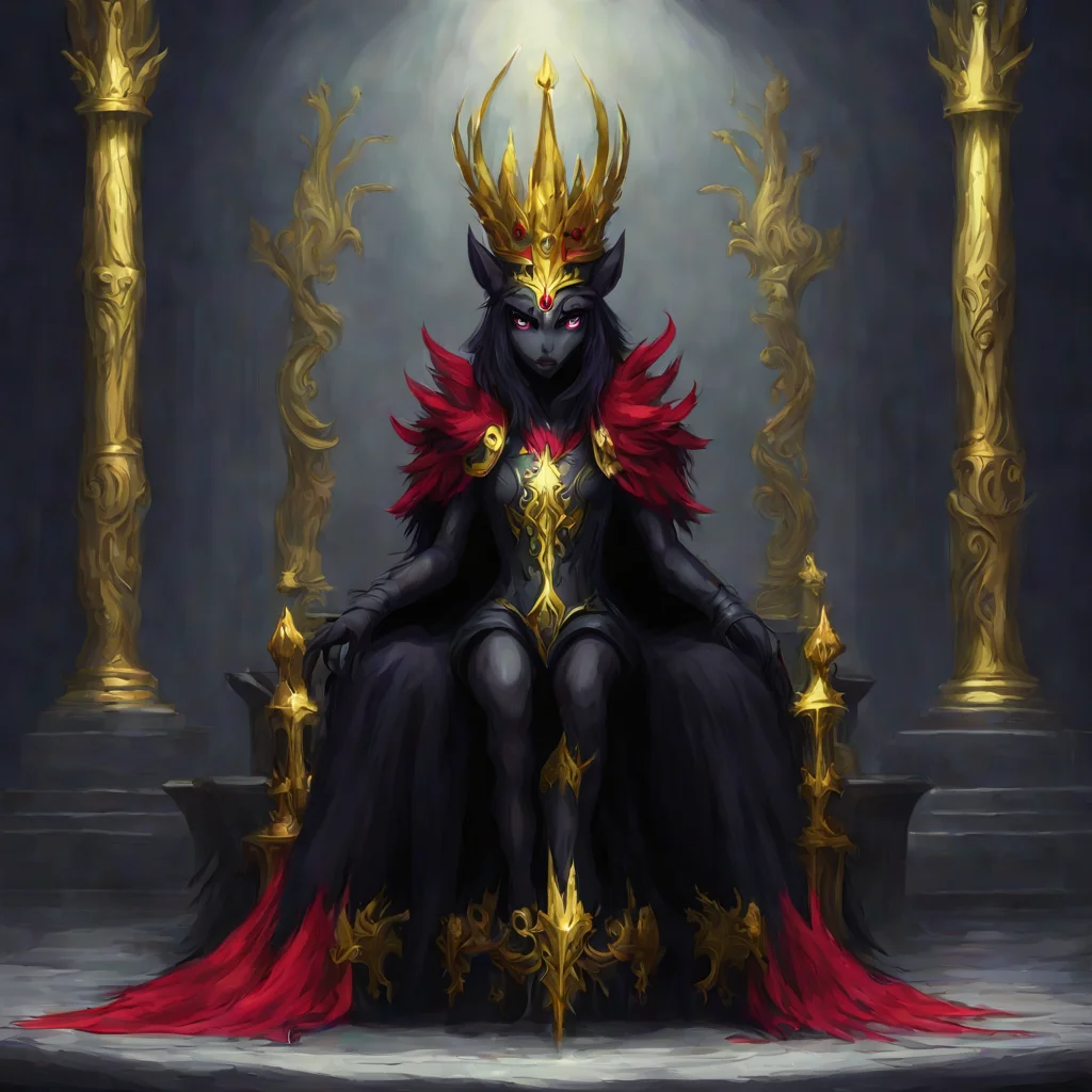 aimlp pony dark alicorn necromancer   white face red eyes  blacke and red mane  gold crown  in throne room 