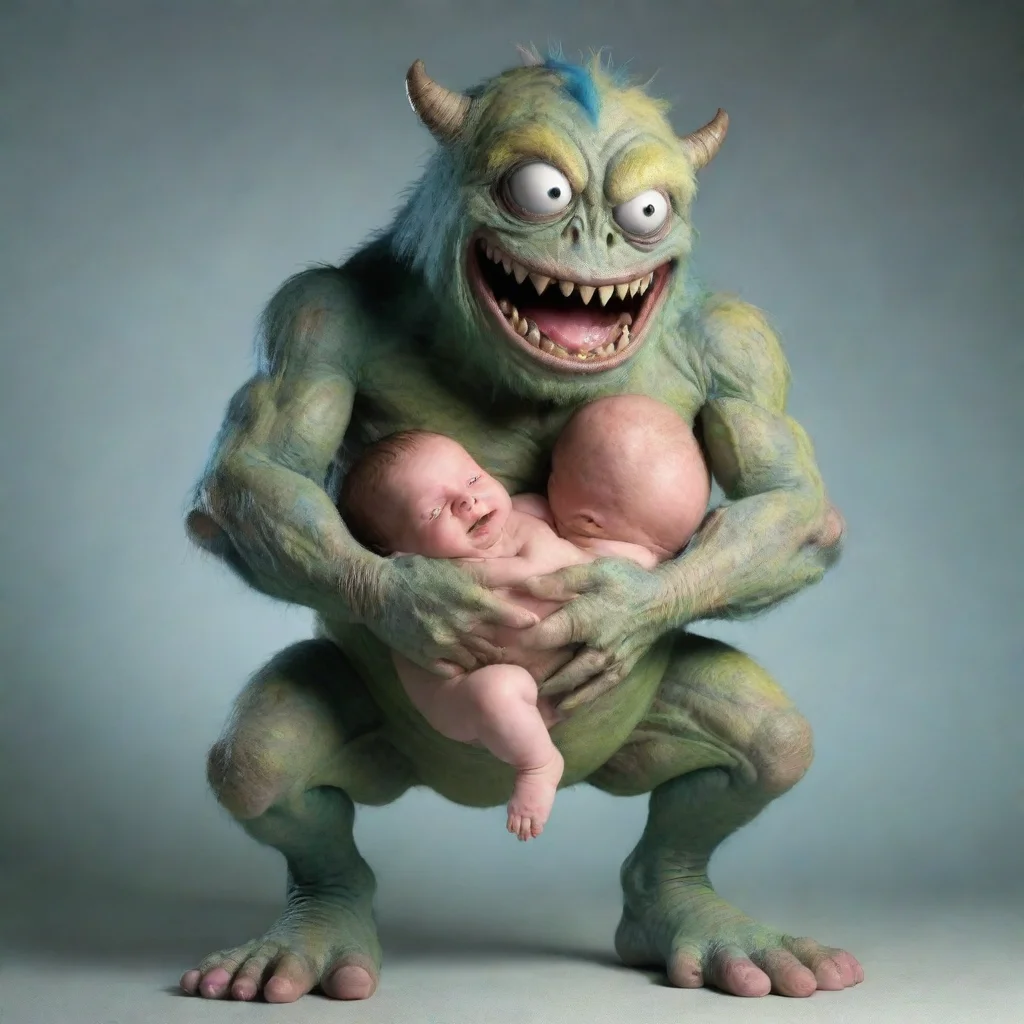 aimonster holding newborn baby by its legs