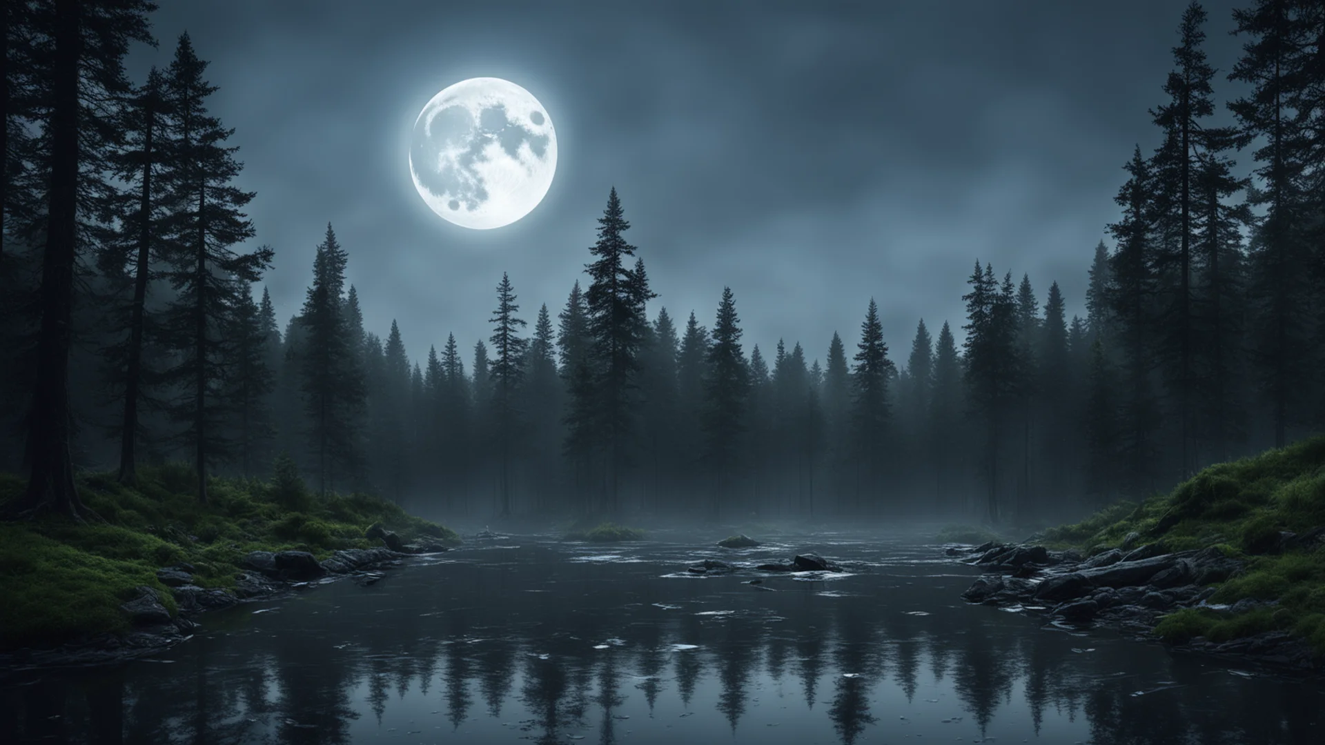aimoonlit forest lake moonshine rain cinematic detailed epic trending lonely environment woods amazing awesome portrait 2 wide