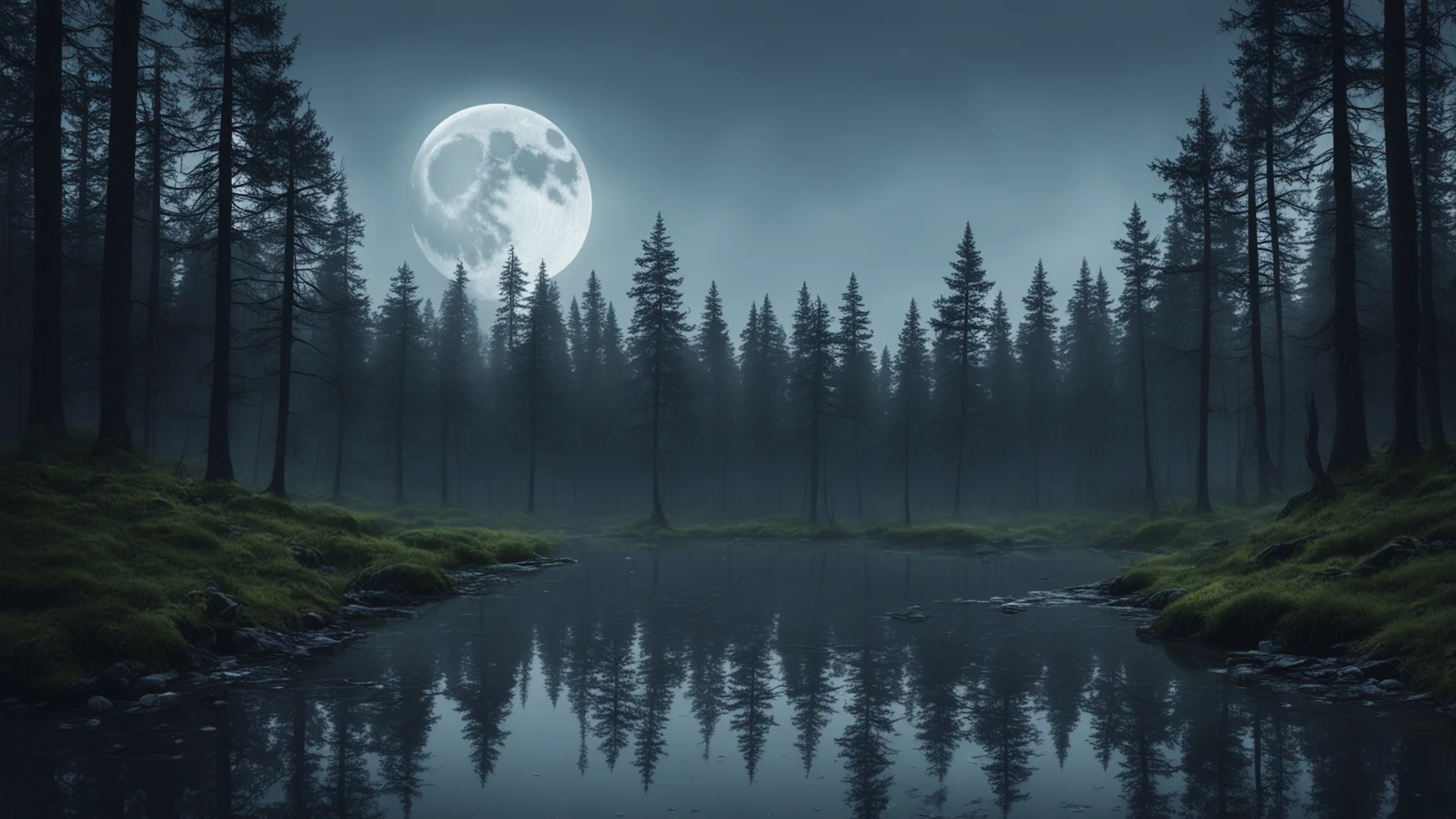 aimoonlit forest lake moonshine rain cinematic detailed epic trending lonely environment woods confident engaging wow artstation art 3 wide