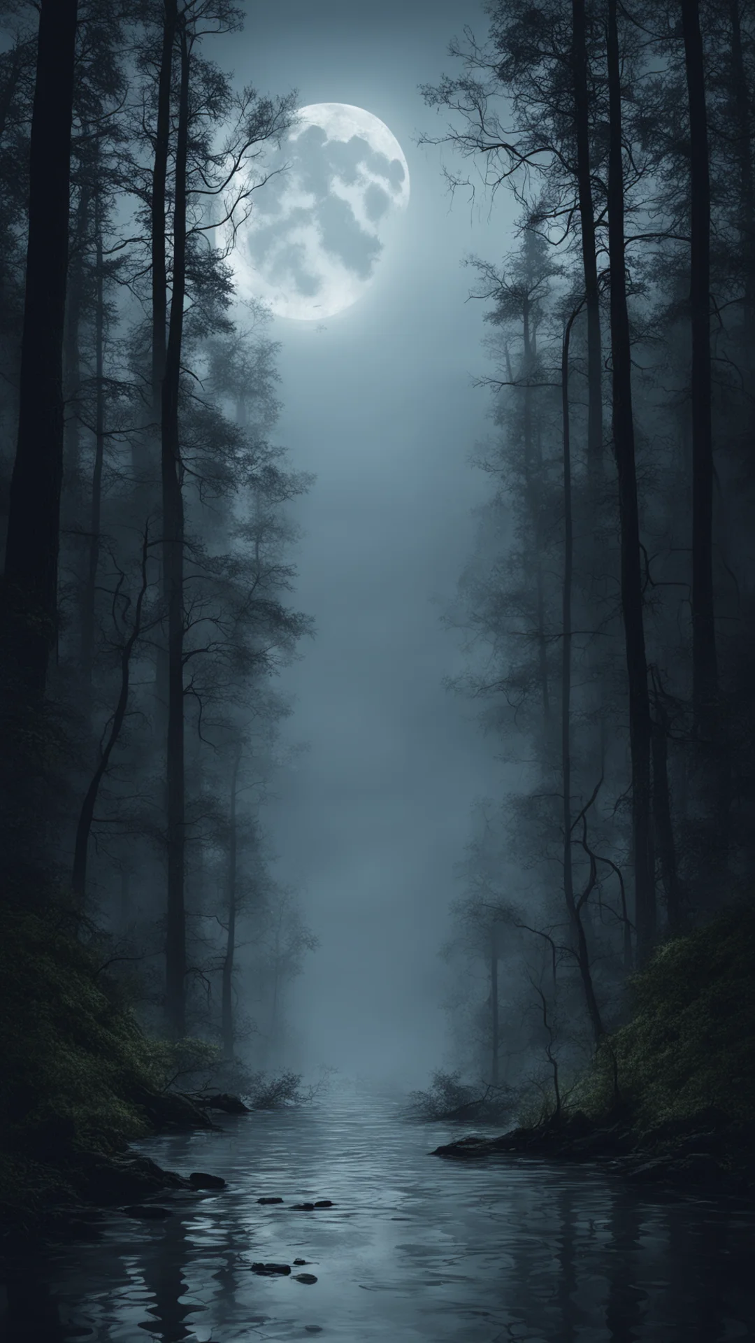 aimoonlit forest spooky lake moonshine rain cinematic detailed epic trending lonely environment woods good looking trending fantastic 1 tall