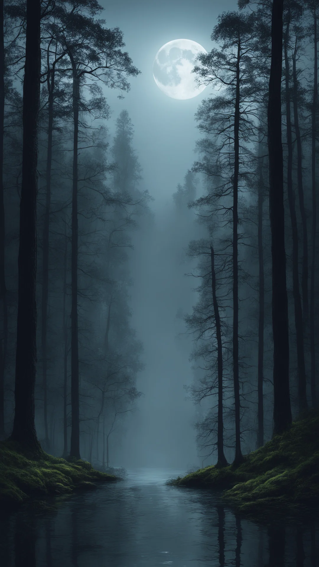 aimoonlit forest spooky lake moonshine rain cinematic detailed epic trending lonely environment woods tall