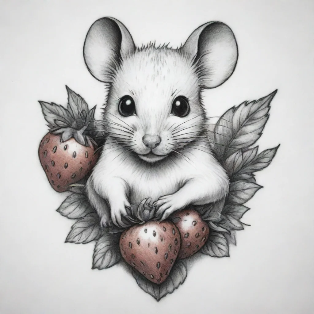 aimouse with a strawbeery tattoo fine line black and white