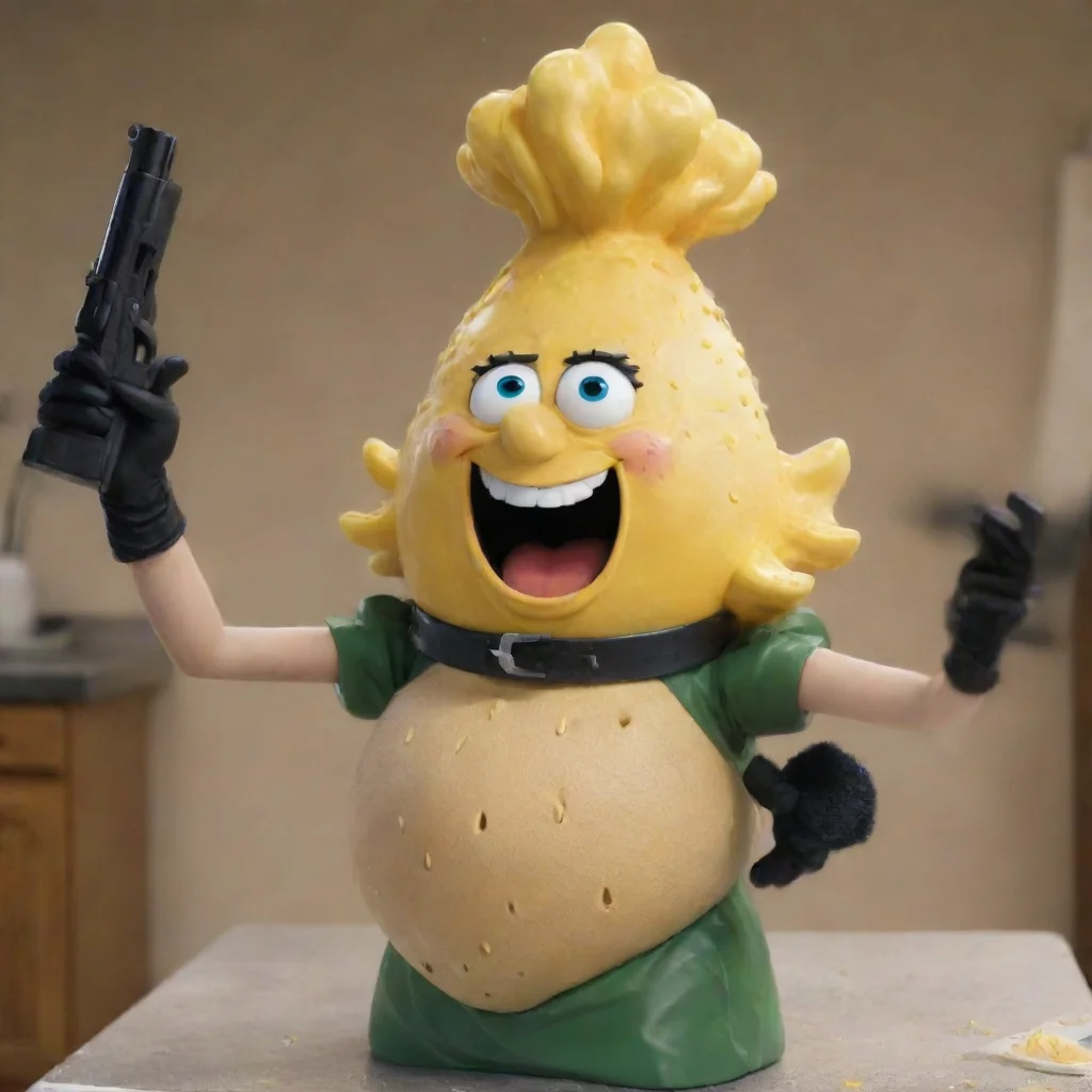 mrs. puff smiling with black deluxe nitrile gloves and gun and mayonnaise splattered everywhere