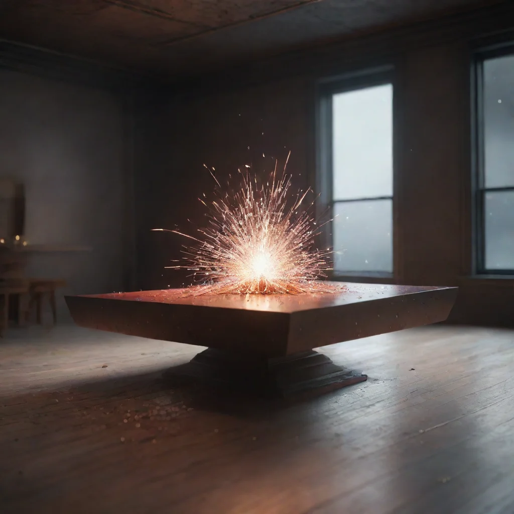 aimuseum artifactssuper detailed floating on the emptiness table surrounded by small sparks cinematic redshift render side