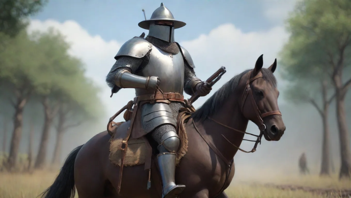 ained kelly armored rider on horseback with musket epic cinematic armored knight with gun realistic cartoon stylized artstation widescreen
