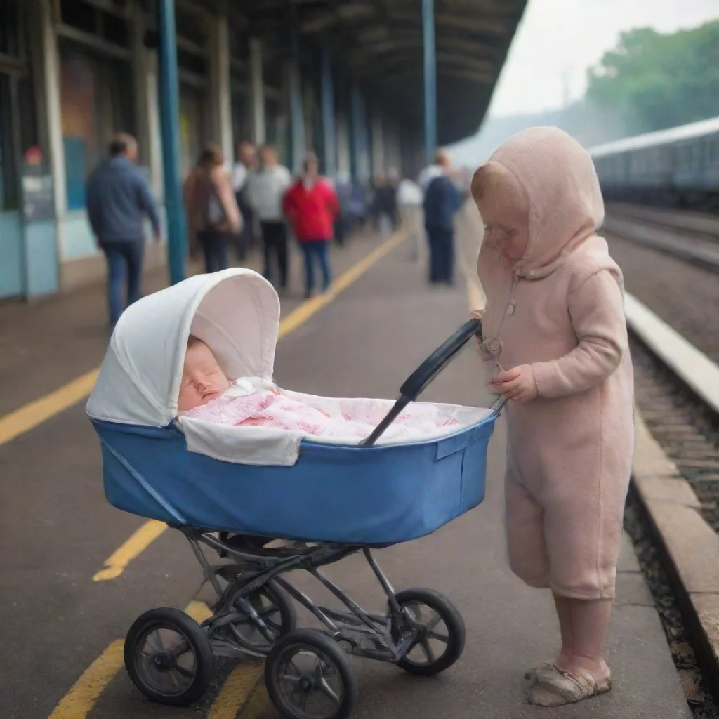 ainewborn baby in a buggy on a train platform